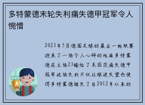 多特蒙德末轮失利痛失德甲冠军令人惋惜