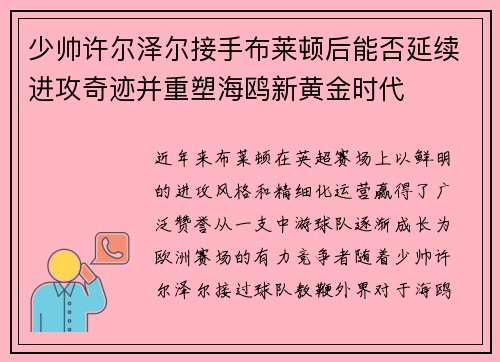 少帅许尔泽尔接手布莱顿后能否延续进攻奇迹并重塑海鸥新黄金时代 少帅许尔泽尔接手布莱顿后能否延续进攻奇迹并重塑海鸥新黄金时代